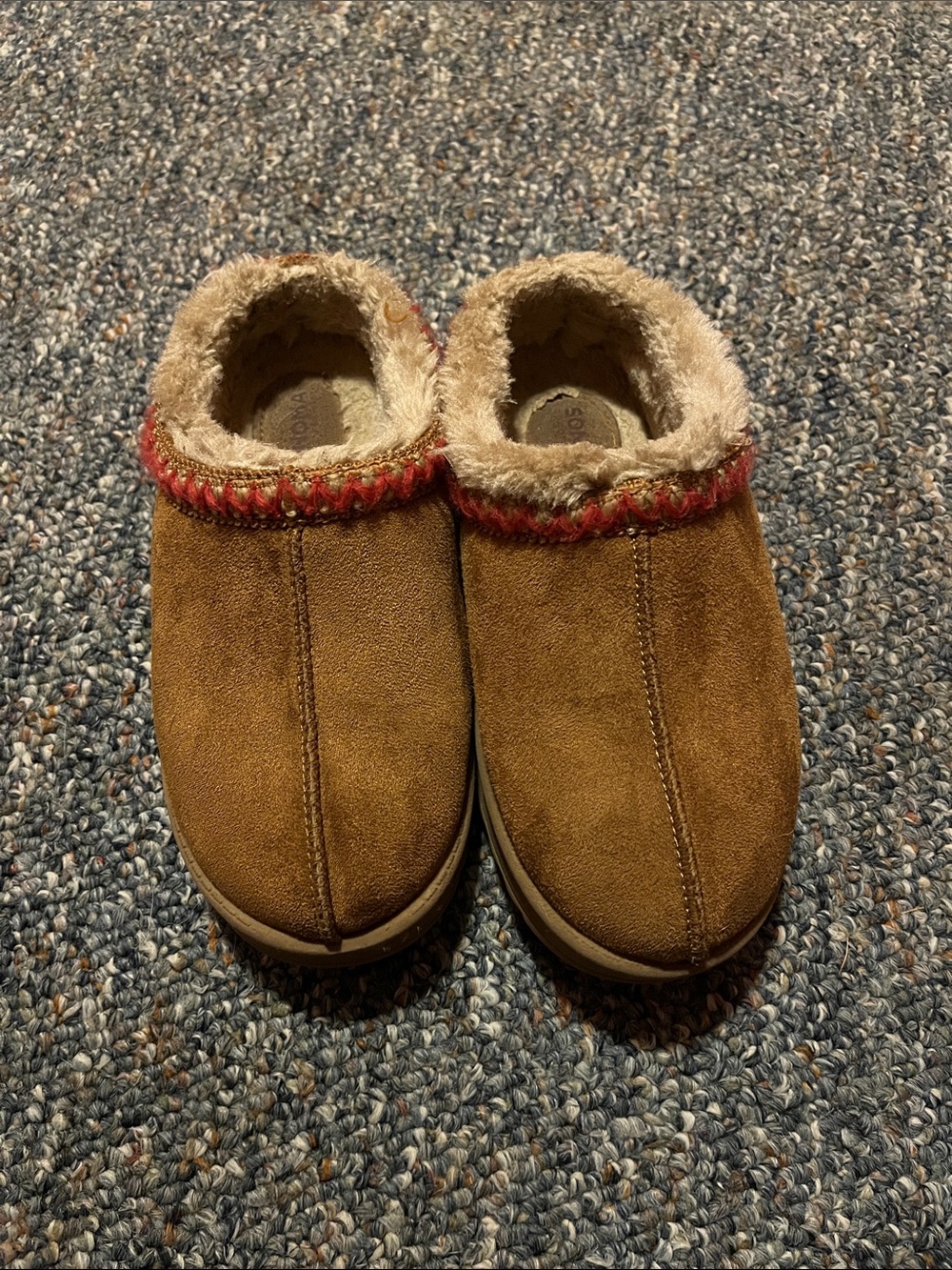 Sonoma Brown Faux Fur-Lined Kids Moccasin Slippers with Red Trim
